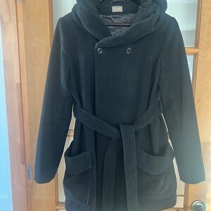 Thyme Maternity Black Hooded Belted Wool Coat